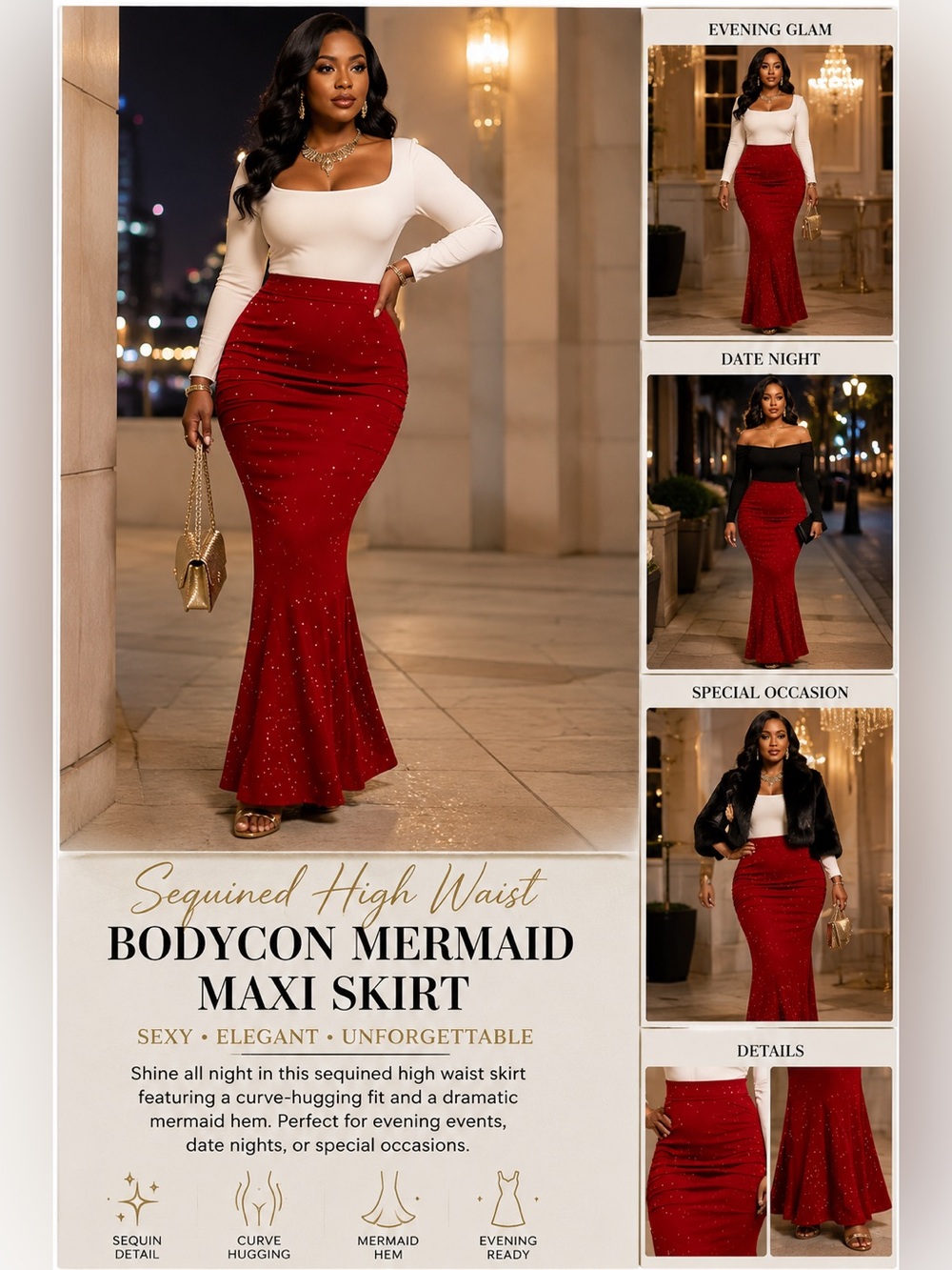 Sequined High Waist Bodycon Skirt, Sexy Mermaid Hem Maxi Skirt For Evening Wear